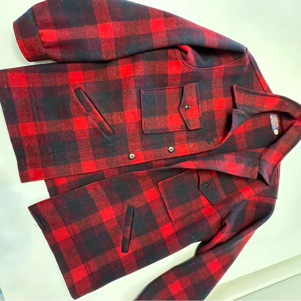 PENDLETON 100% wool red black buffalo plaid vintage hunter's jacket large - Picture 4 of 6